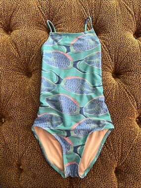 Tea Collection Teal and Blue Fish-Print One-Piece Swimsuit size 10